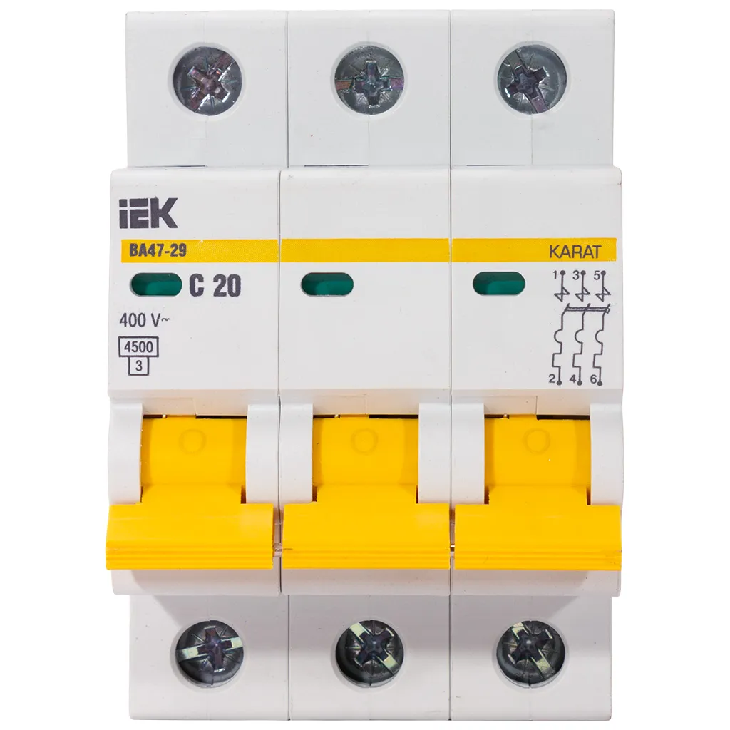 Выключатель автоматический ВА47-29 IEK, 3 полюсный, 20A C 4.5кА