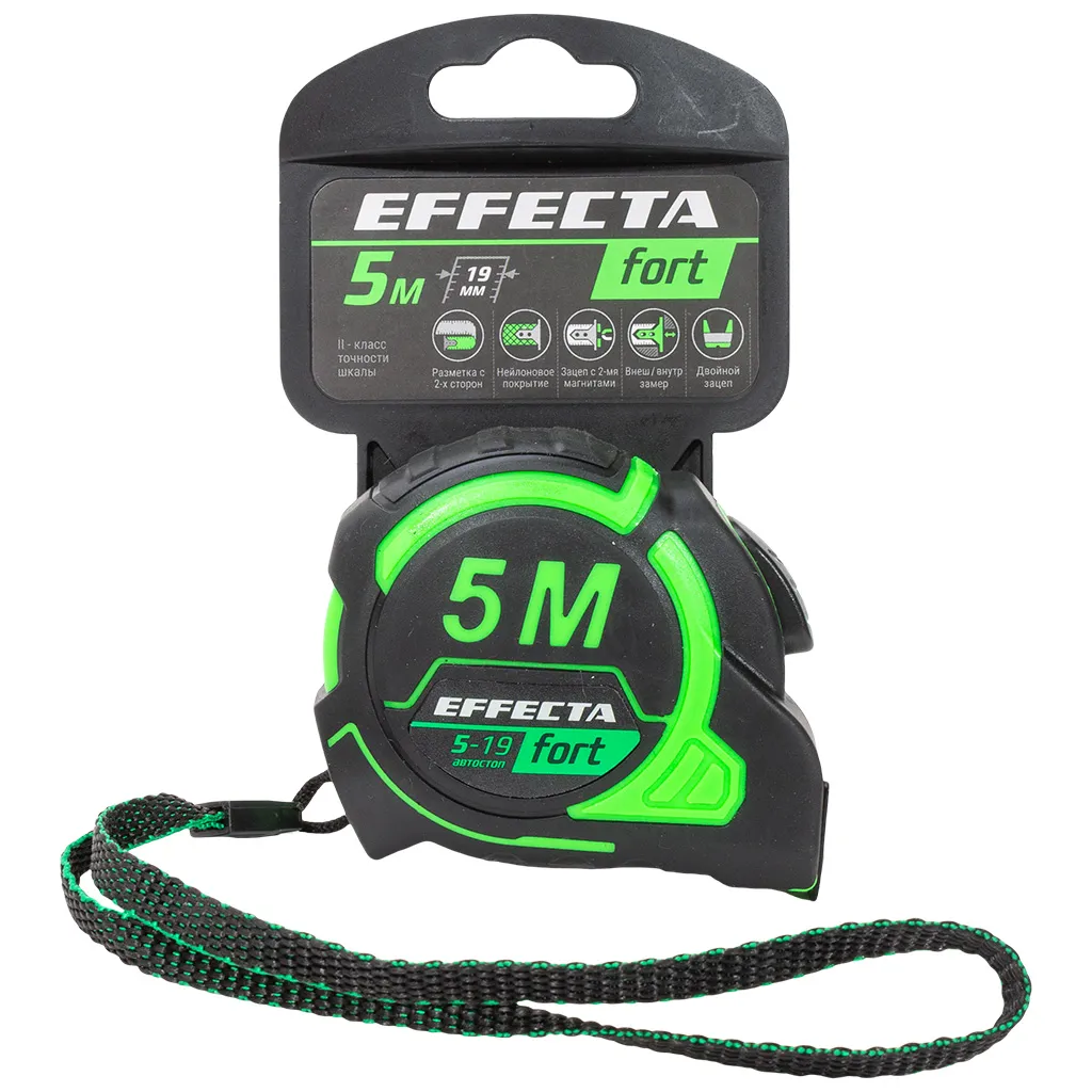 Рулетка Effecta Fort автостоп, магнит, шкаланейлон, 5м х19мм