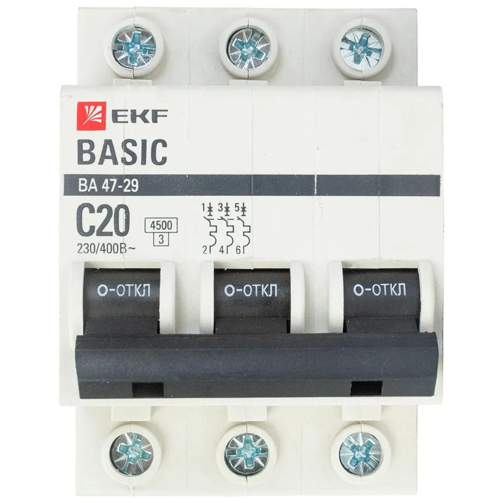 Выключатель автоматический ВА47-29 EKF, 3 полюсный, 20А С 4.5кА