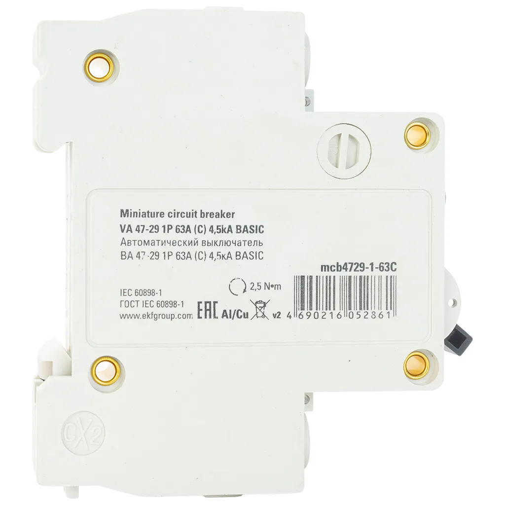 Выключатель автоматический ВА47-29 EKF, 1 полюсный, 63А С 4.5кА