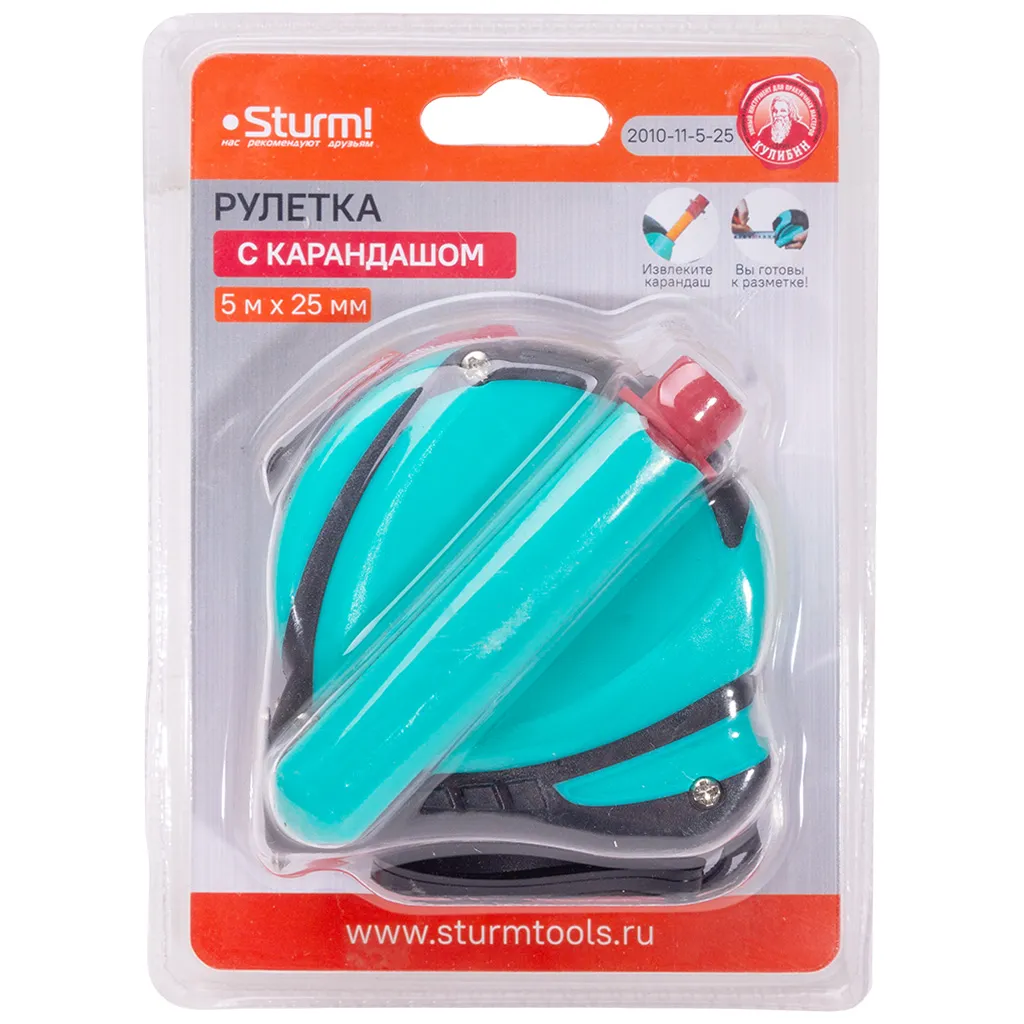 Рулетка Sturm!, 5м х25мм, с карандашом, двухсторонняя, магнит на зацепе