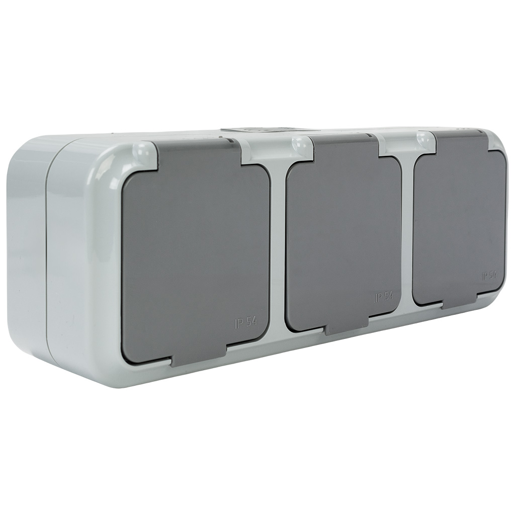 Блок открытой проводки Bylectrica Пралеска Аква, розетка 3-местная, с заземлением, с крышкой, IP54, серый