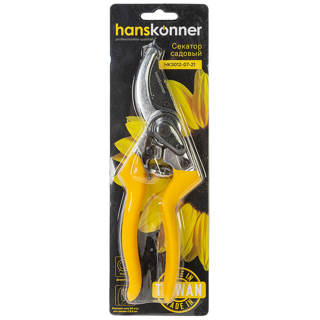 Секатор Hanskonner HK3012-07-21, верхнее лезвие с тефлоновым покрытием, алюминиевые ручки, 215мм