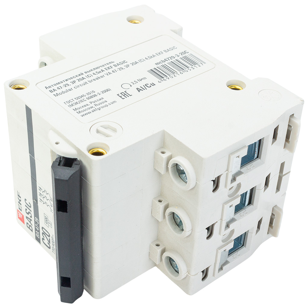 Выключатель автоматический ВА47-29 EKF, 3 полюсный, 20А С 4.5кА