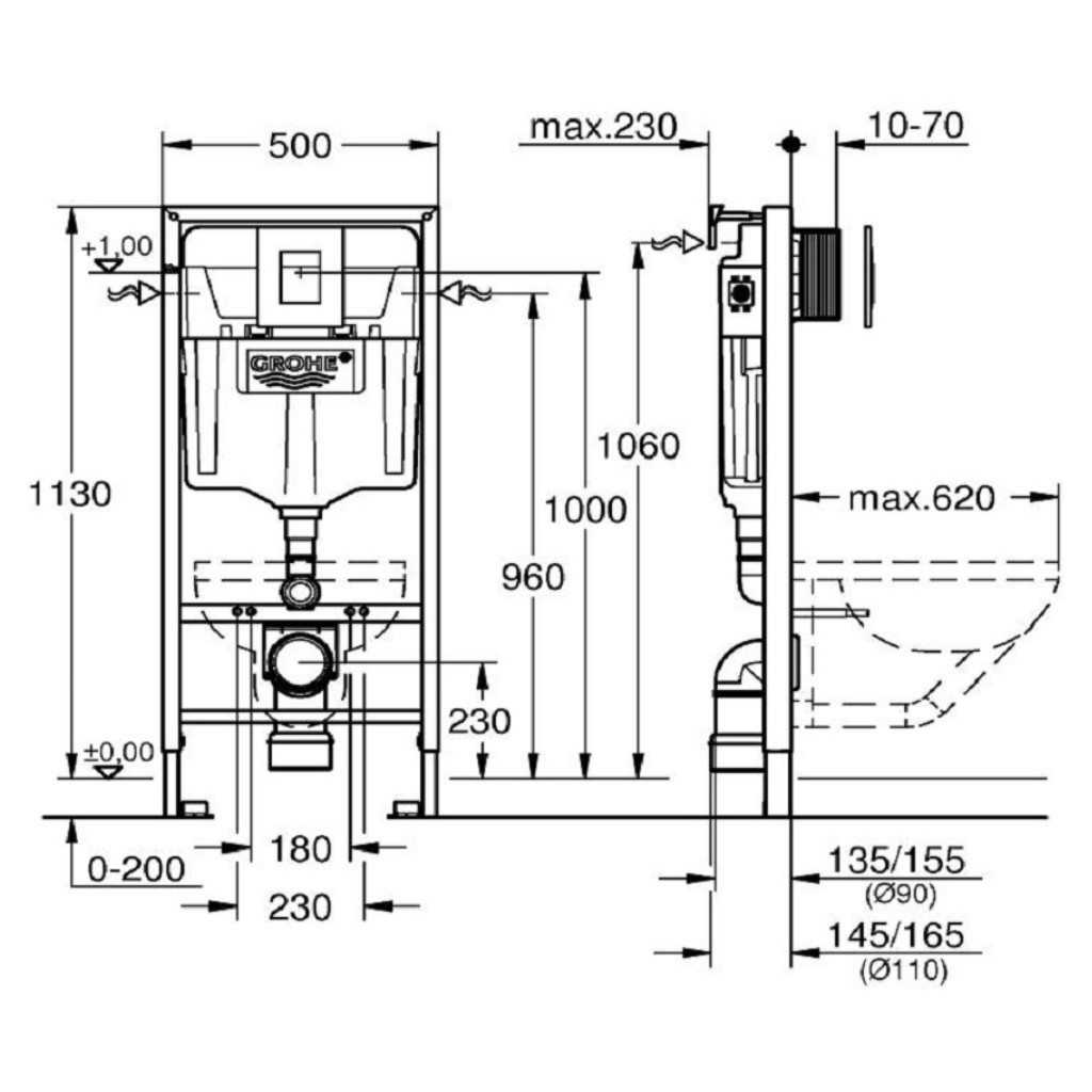 Система инсталляции GROHE Rapid SL 3в1, с панелью смыва, хром