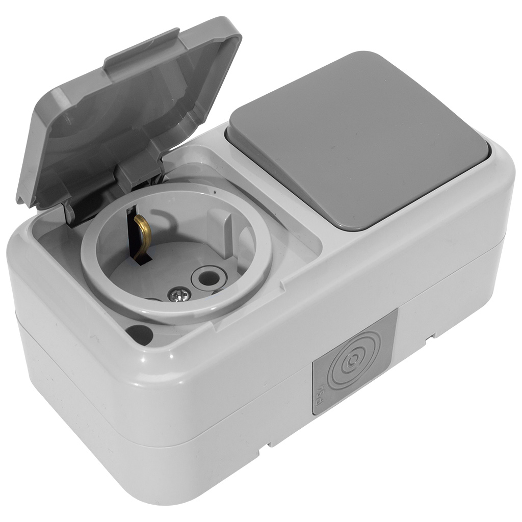 Блок открытой проводки Bylectrica Пралеска Аква, розетка+1 кл. выключатель, IP54, серый