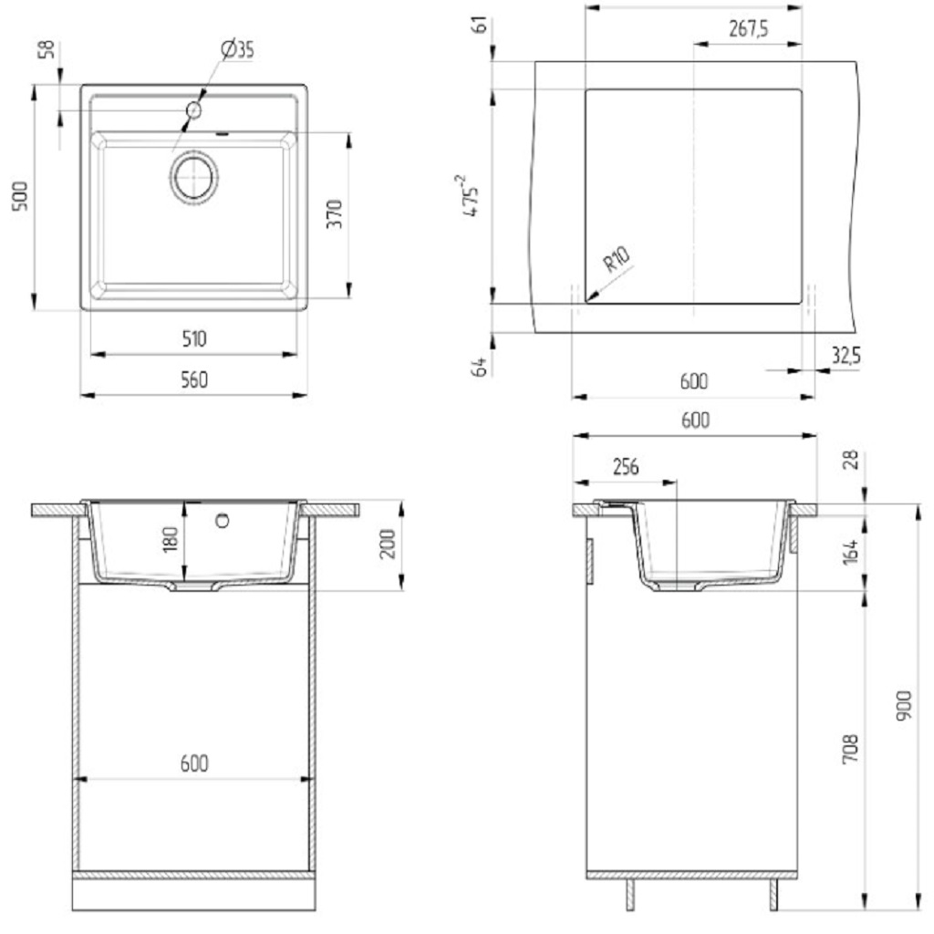 Мойка искусственный камень Ulgran, 500х560х200мм, песочный
