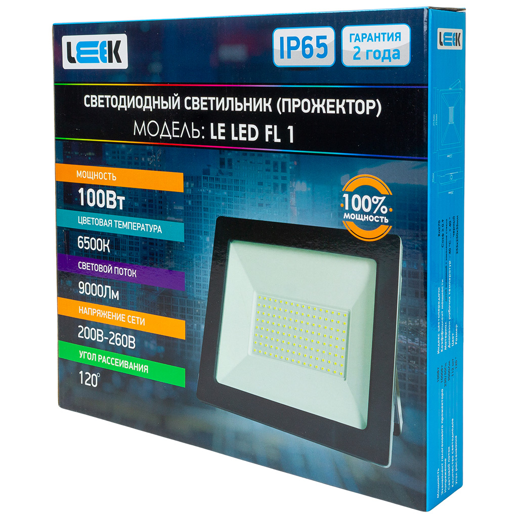 Прожектор светодиодный Leek, 100Вт, 6500К, IP65, черный