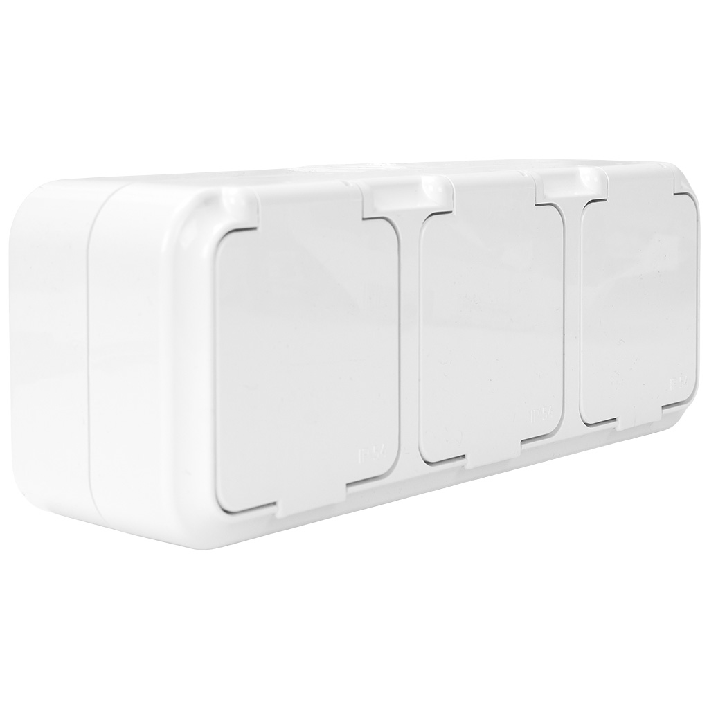 Блок открытой проводки Bylectrica Пралеска Аква, розетка 3-местная, с заземлением, с крышкой, IP54, белый