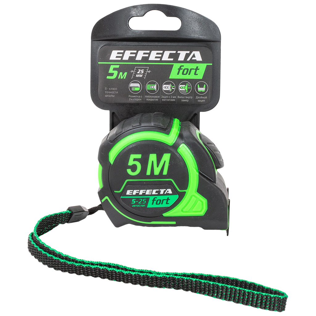 Рулетка Effecta Fort автостоп, магнит, шкаланейлон, 5м х25мм