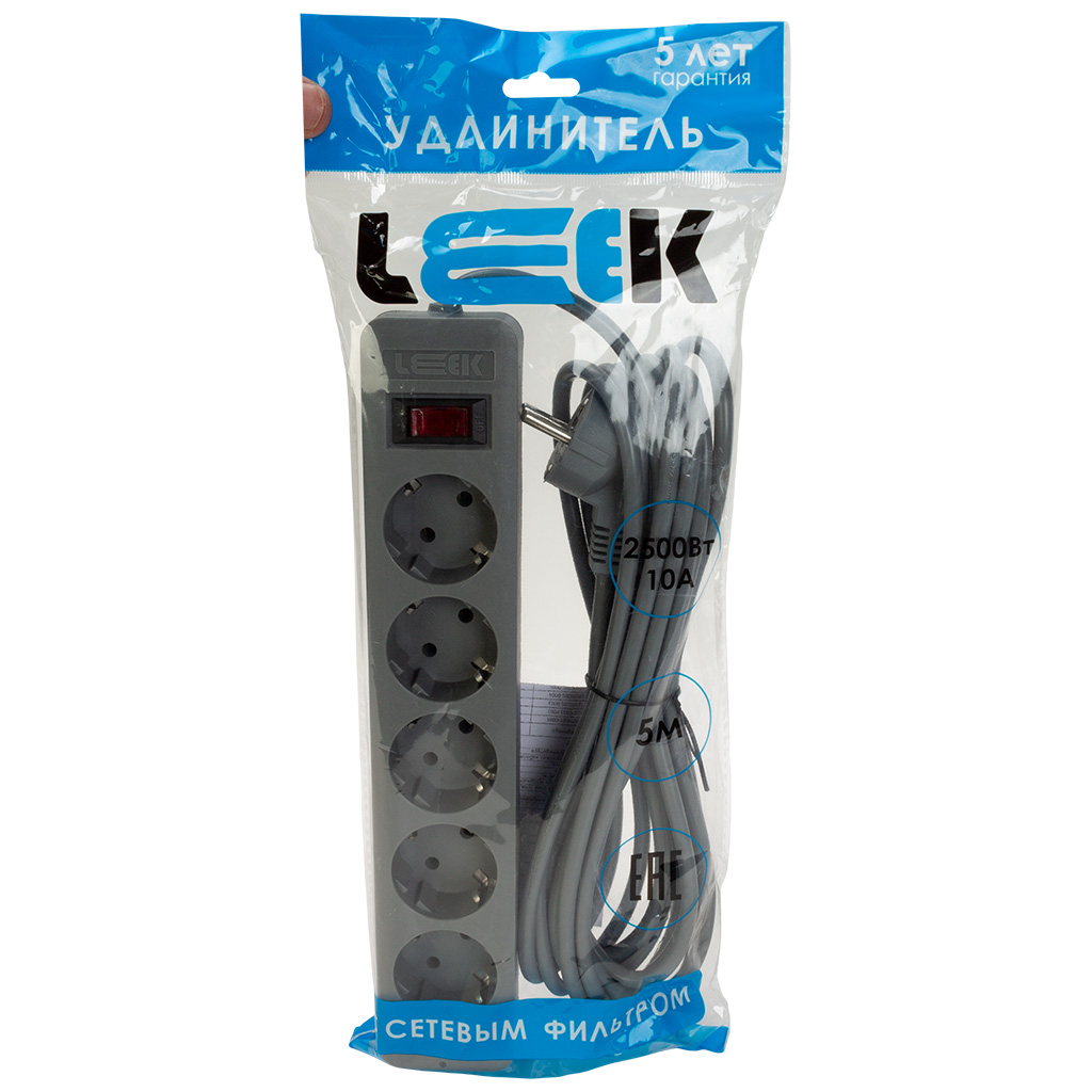 Удлинитель с сетевым фильтром Leek, 5-местный, 5м, ПВС 3х0,75, с заземлением,  черный/серый