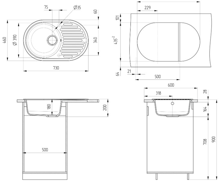 Мойка  искусственный камень Ulgran, круглая с крылом, 450х570х155мм, песочный