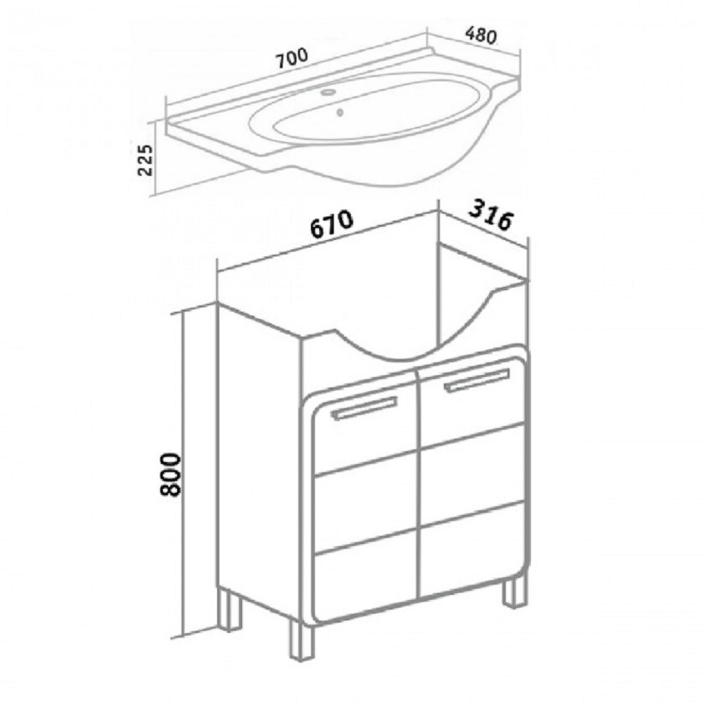 Тумба напольная Эрика 70 с умывальником Эрика 70, белая