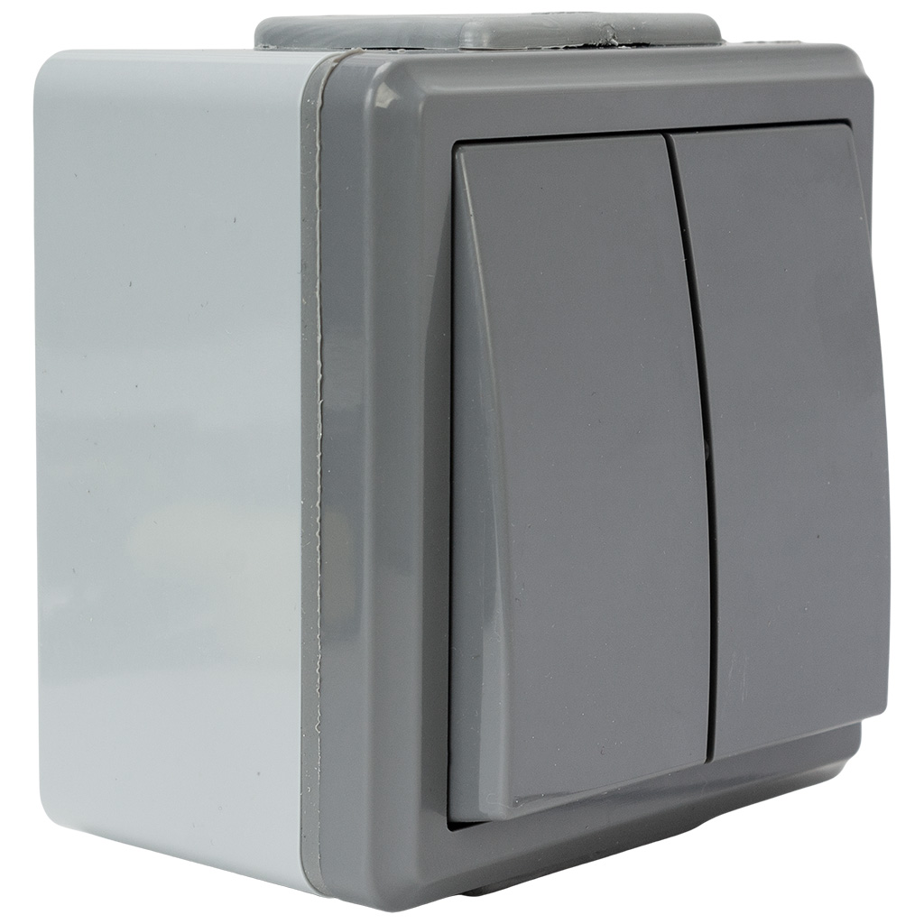 Выключатель открытой проводки Bylectrica Пралеска Аква, 2-клавишный, 6А, IP55, серый