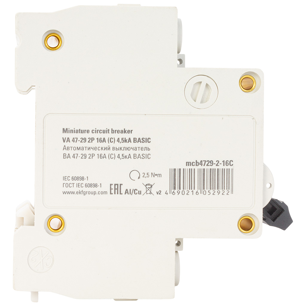 Выключатель автоматический ВА47-29 EKF, 2 полюсный, 16А С 4.5кА