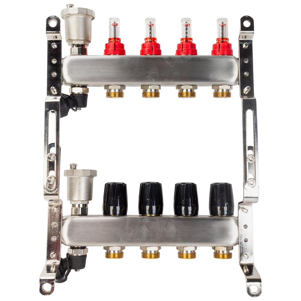 Коллектор с расходомерами без сливных узлов, Tim, 1", 4 выхода