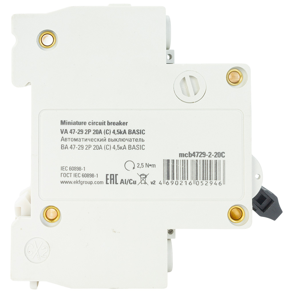 Выключатель автоматический ВА47-29 EKF, 2 полюсный, 20А С 4.5кА