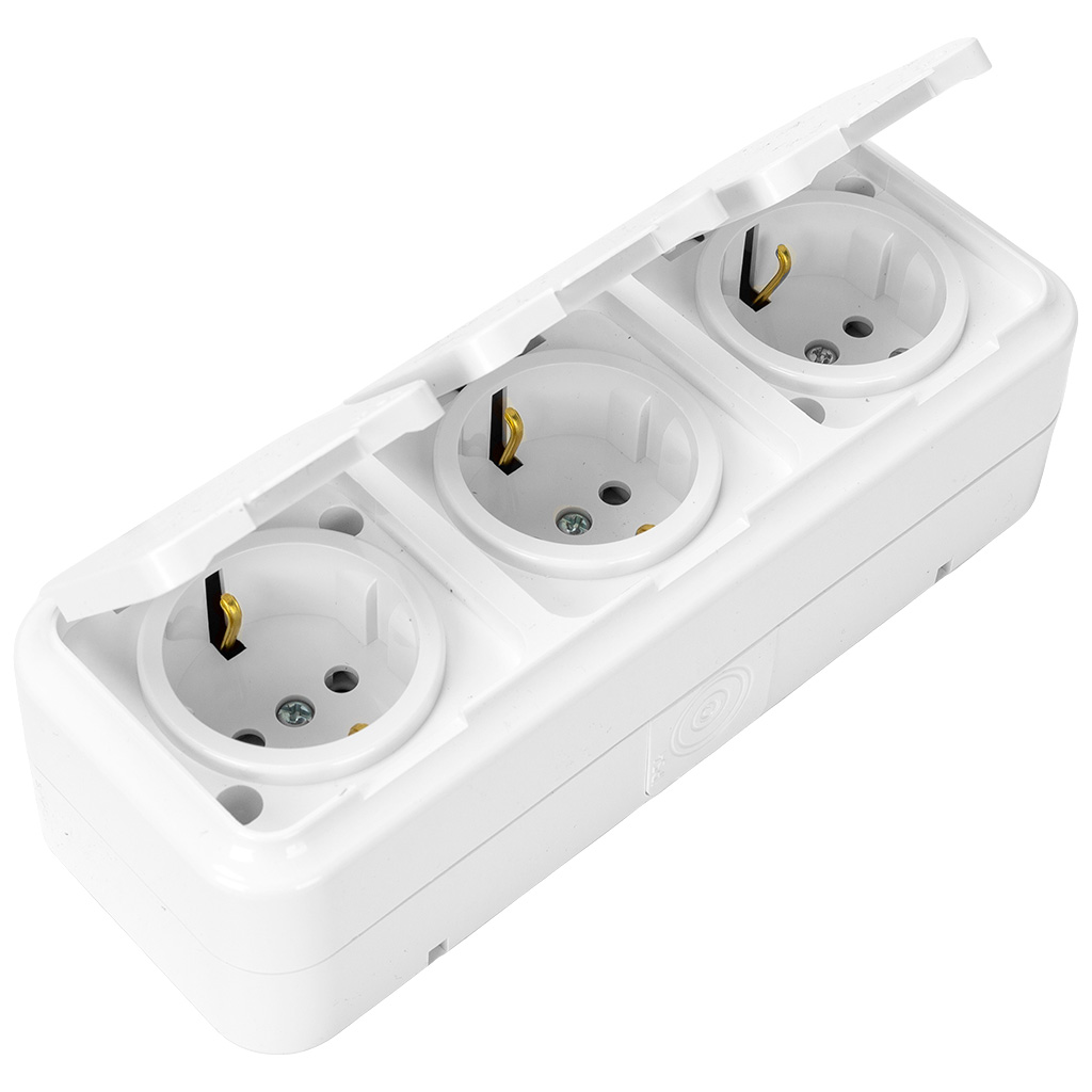 Блок открытой проводки Bylectrica Пралеска Аква, розетка 3-местная, с заземлением, с крышкой, IP54, белый