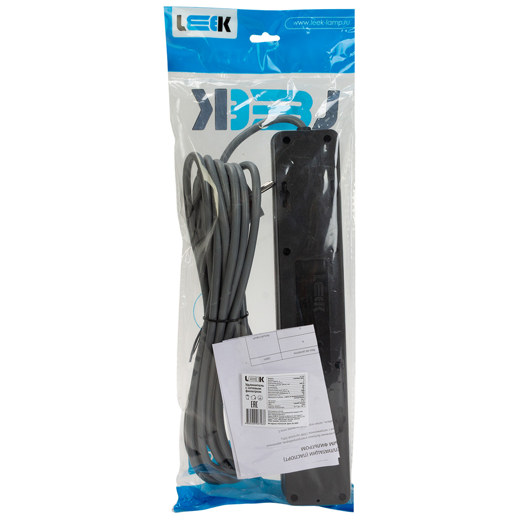 Удлинитель с сетевым фильтром Leek, 5-местный, 5м, ПВС 3х0,75, с заземлением,  черный/серый
