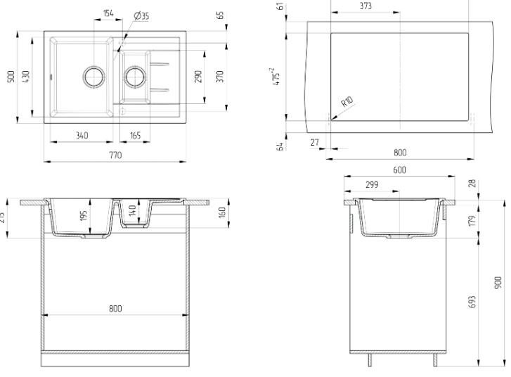 Мойка искусственный камень Ulgran, прямоугольная, 1.5 чаша, 500х770х160мм, черная