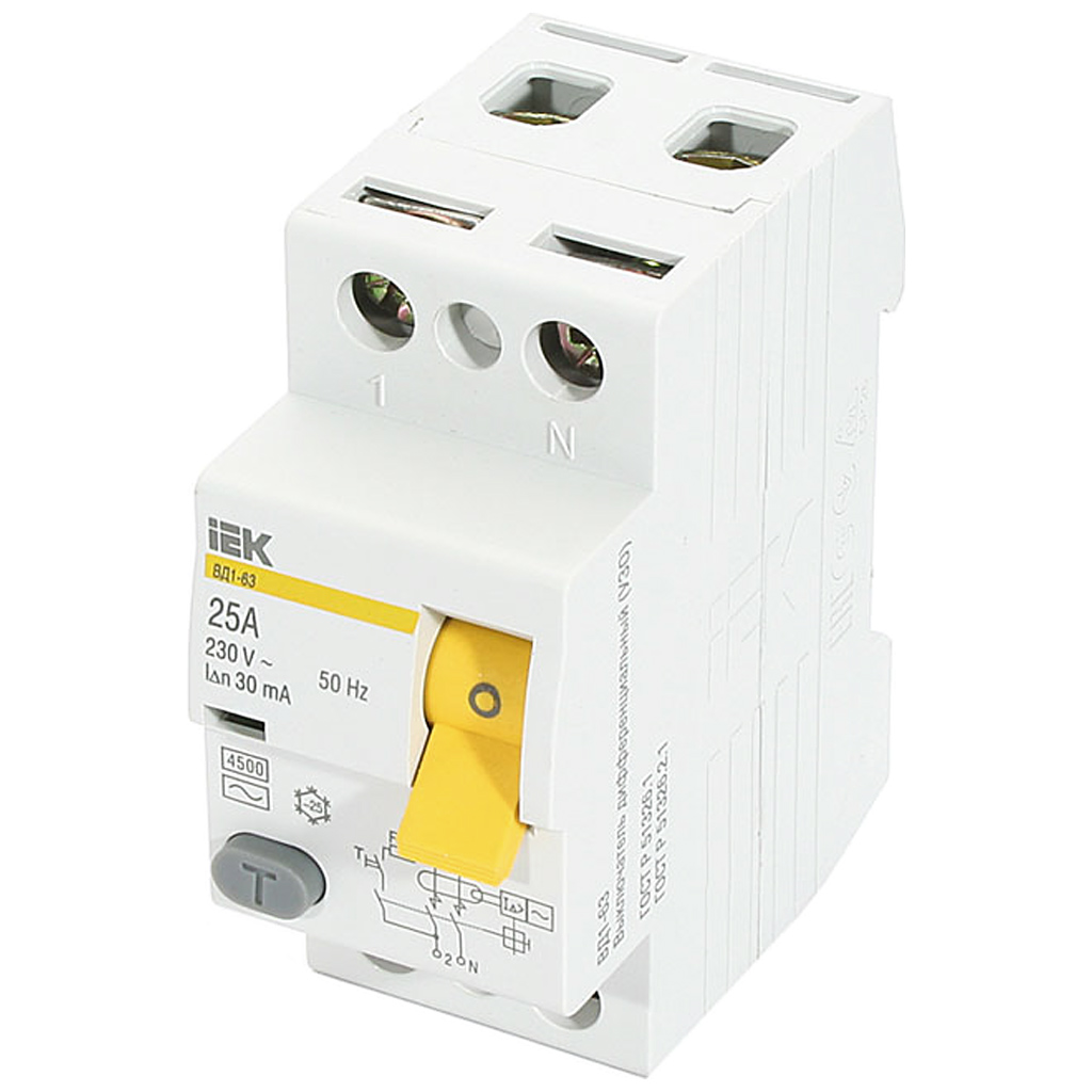 Выключатель дифференциального тока IEK ВД1-63 тип АС 30мА, 2-полюсной, 25А