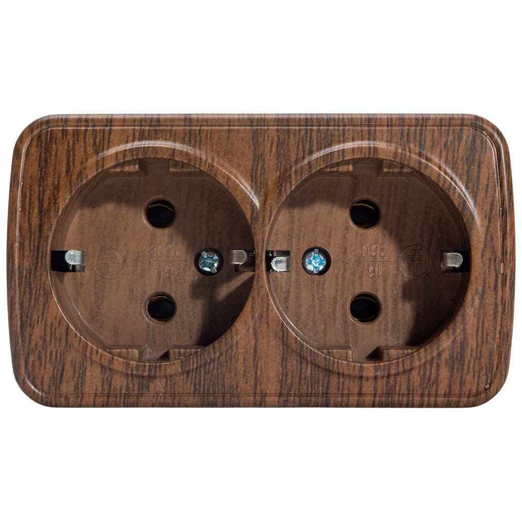 Розетка открытой проводки EKF Минск, 2-местная, с заземлением, темное дерево