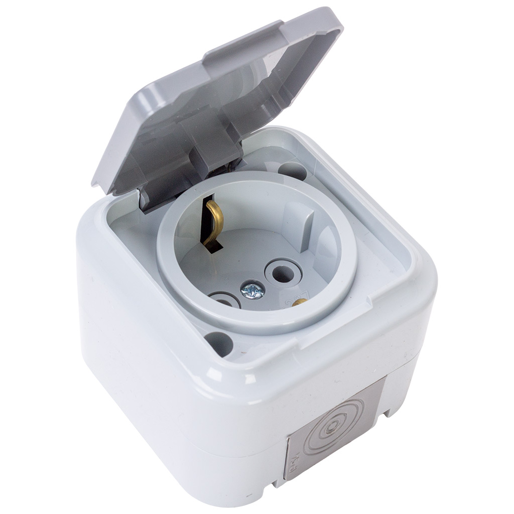 Розетка открытой проводки Bylectrica Пралеска Аква, 1-местная, 16А, с заземлением, с крышкой, IP54, серая