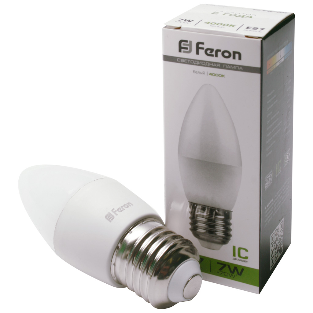 Лампа светодиодная Feron, свеча, 7Вт, Е27 4000К
