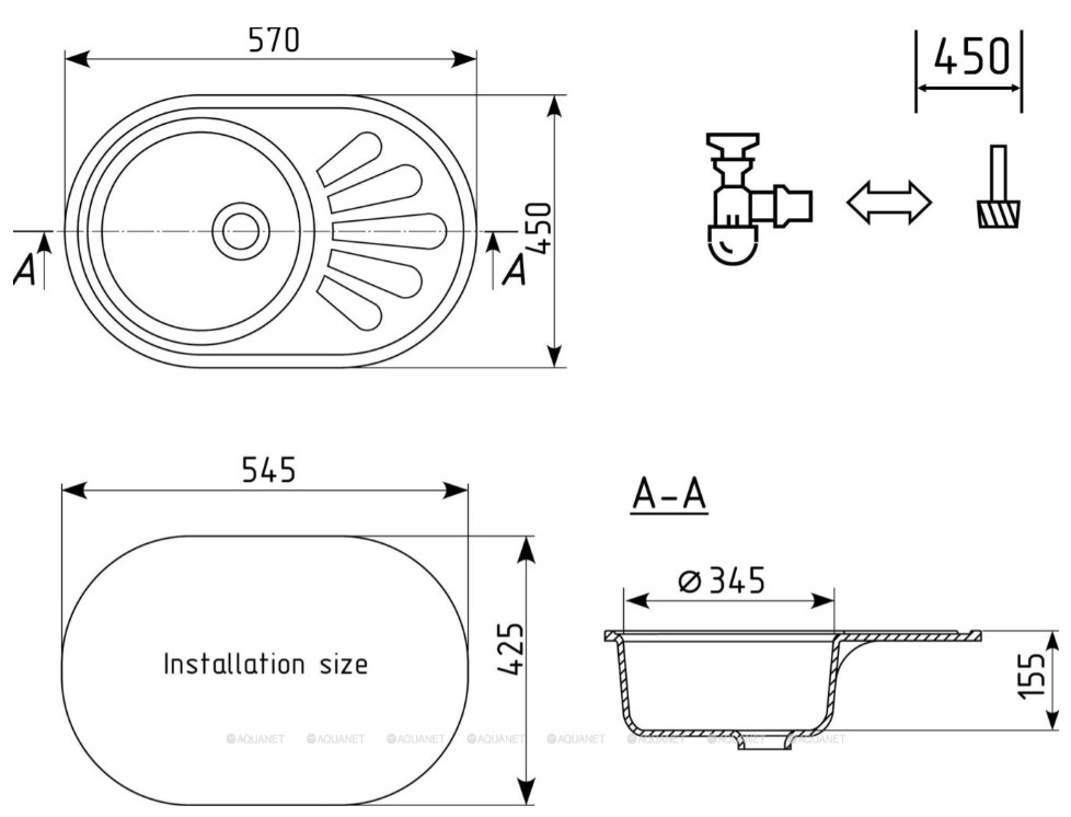 Мойка искусственный камень Ulgran, круглая с крылом, 450х500х155мм, белая