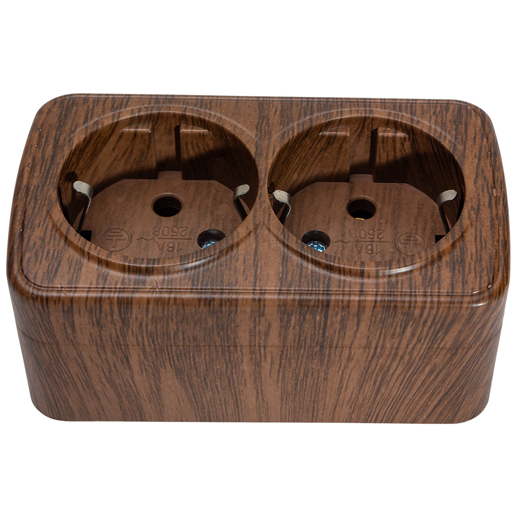 Розетка открытой проводки EKF Минск, 2-местная, с заземлением, темное дерево