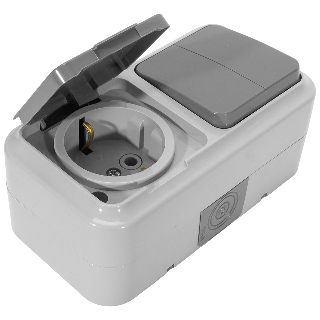 Блок открытой проводки Bylectrica Пралеска Аква, розетка+2 кл. выключатель, IP54, серый