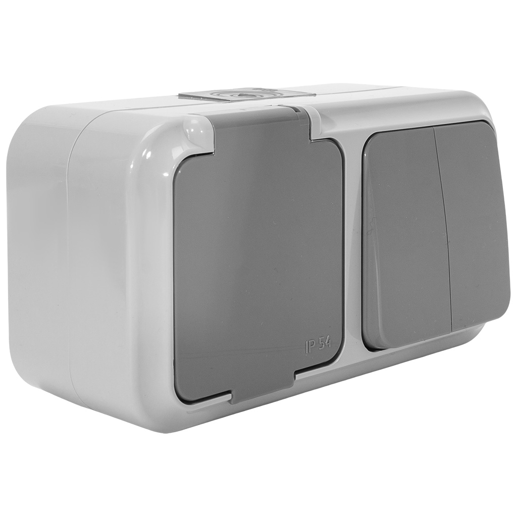 Блок открытой проводки Bylectrica Пралеска Аква, розетка+2 кл. выключатель, IP54, серый