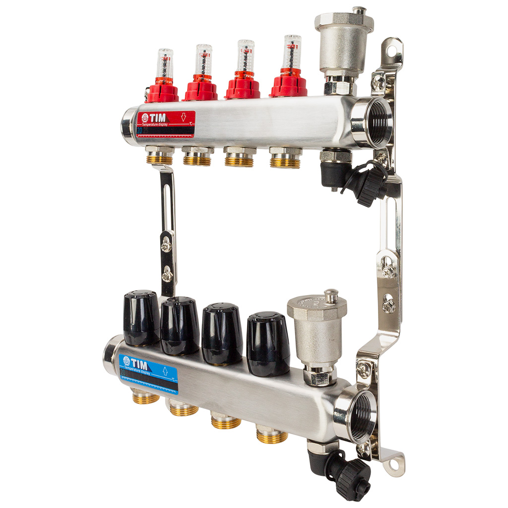 Коллектор с расходомерами без сливных узлов, Tim, 1", 4 выхода