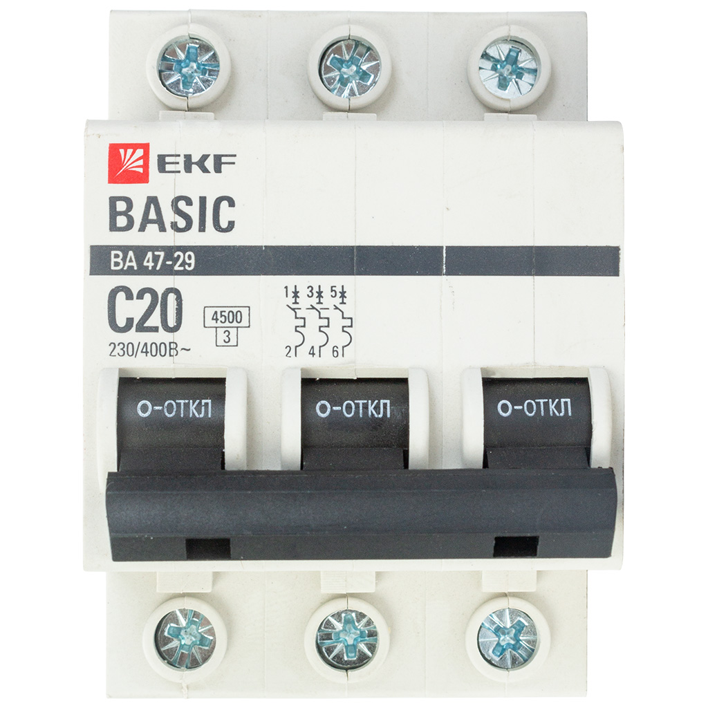 Выключатель автоматический ВА47-29 EKF, 3 полюсный, 20А С 4.5кА