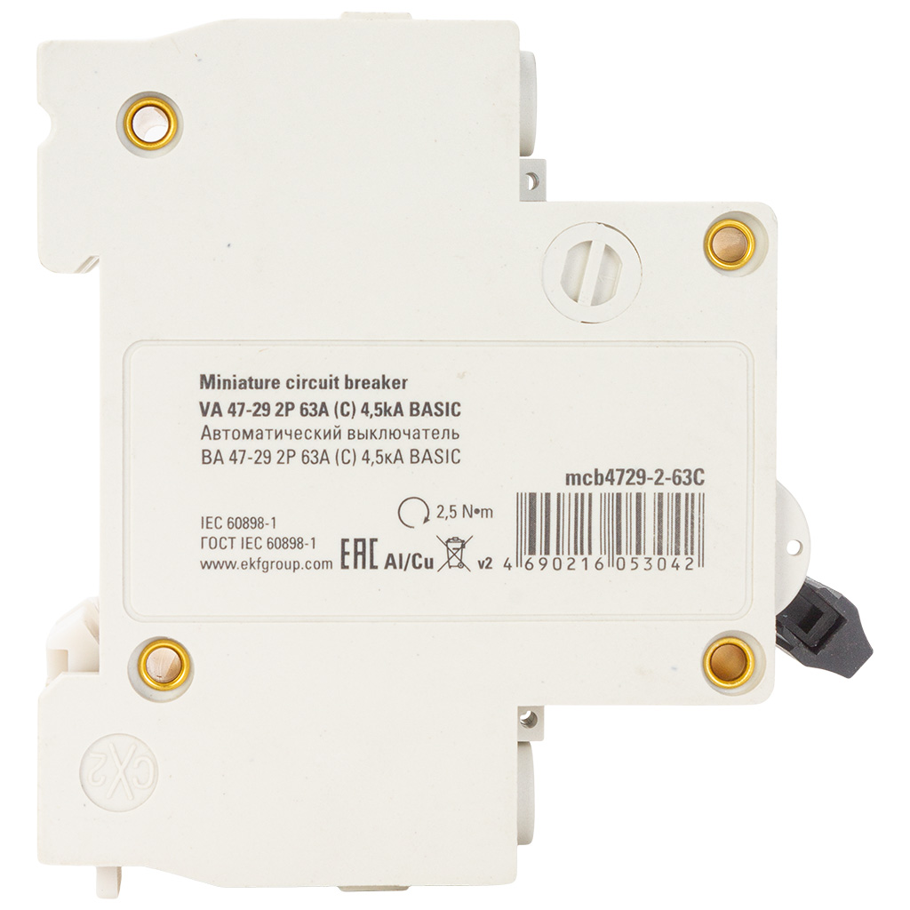 Выключатель автоматический ВА47-29 EKF, 2 полюсный, 63А С 4.5кА