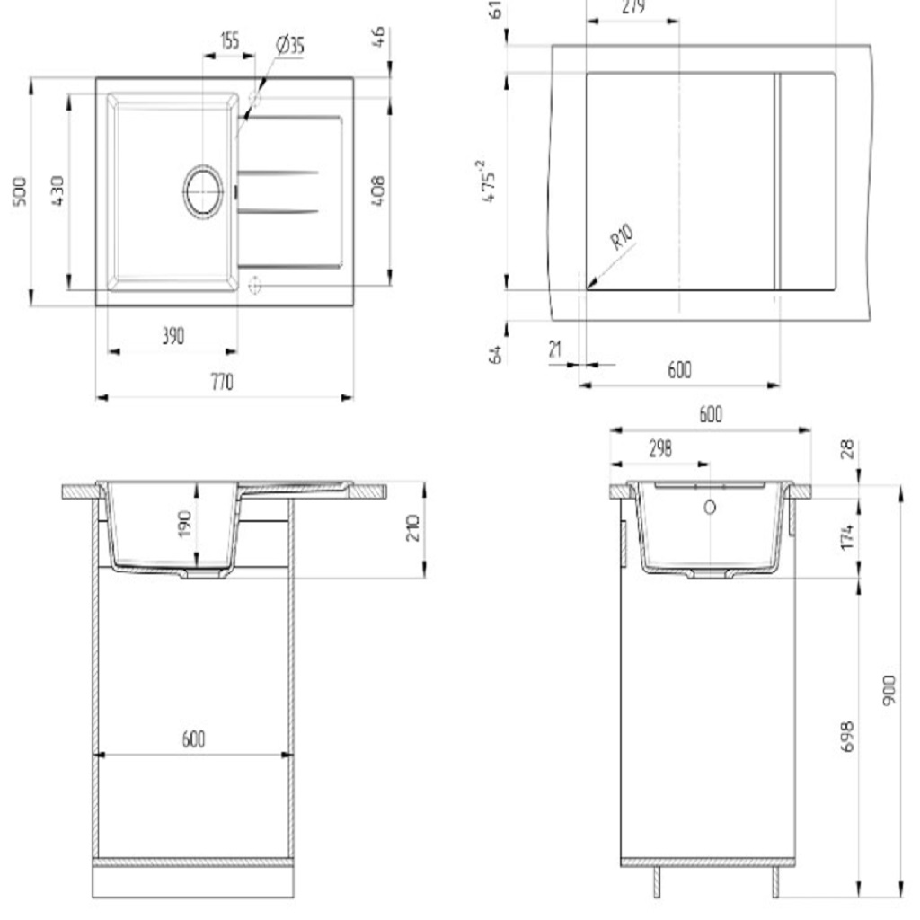 Мойка искусственный камень Ulgran, 500х770х210мм, прямоугольная с крылом, белая