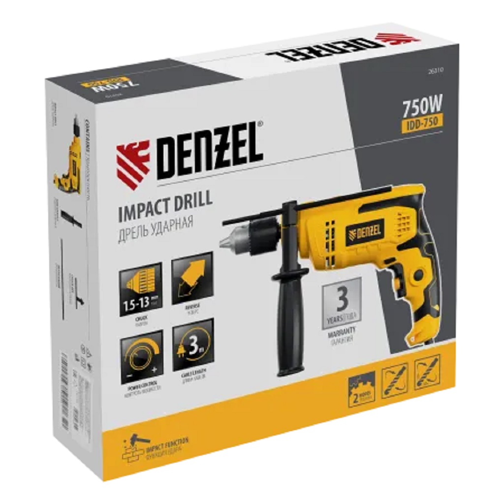 Дрель ударная Denzel IDD-750, 750Вт