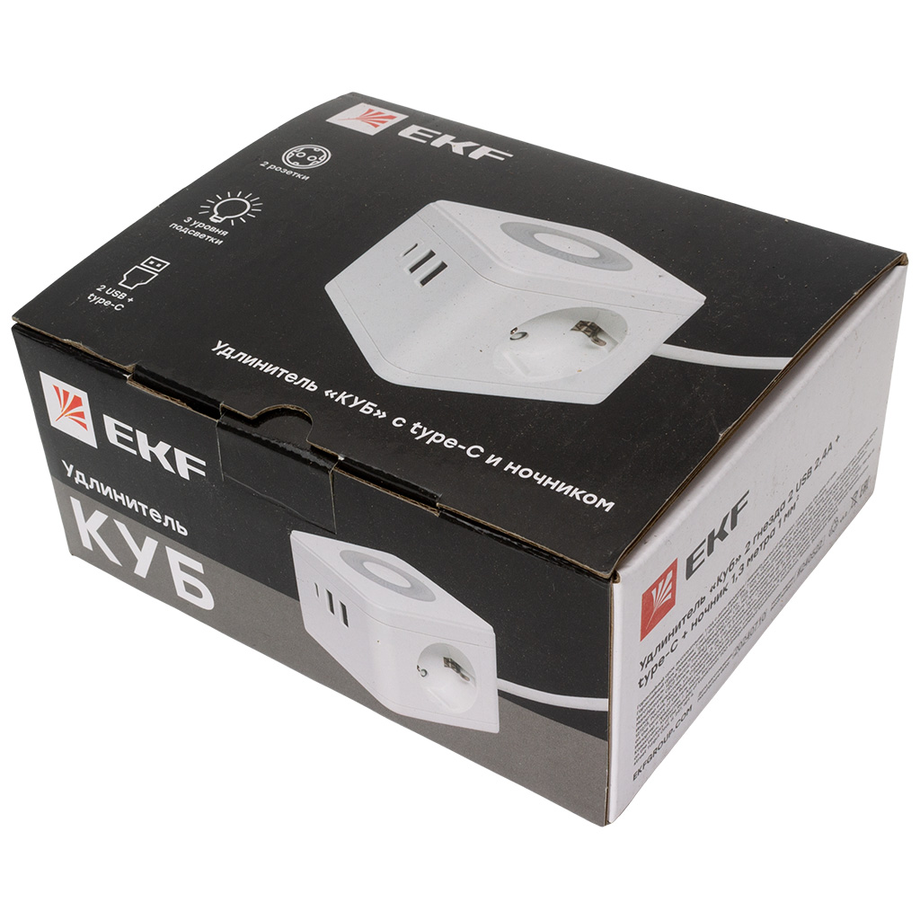 Удлинитель серии Куб EKF, 2-местный, 3м, ПВС 3х1мм, с заземлением, с USB