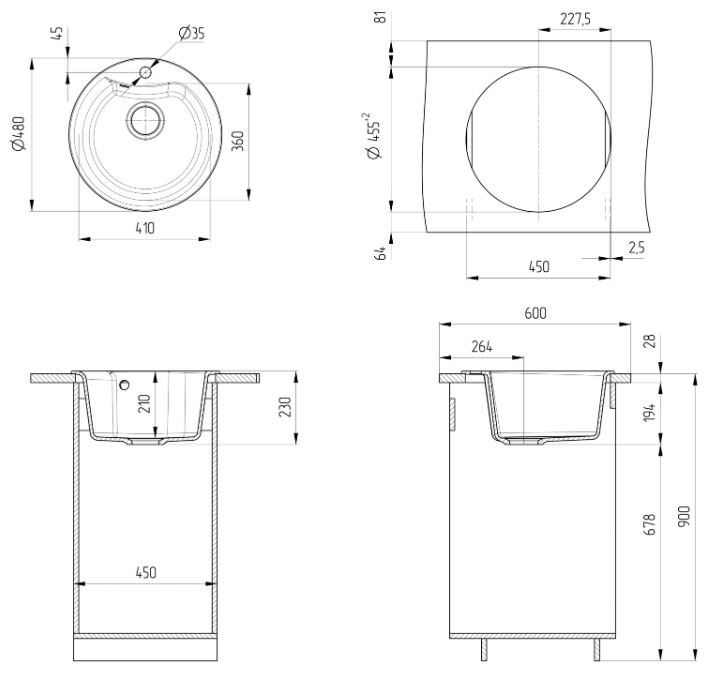 Мойка искусственный камень Ulgran, круглая, D480мм, черная