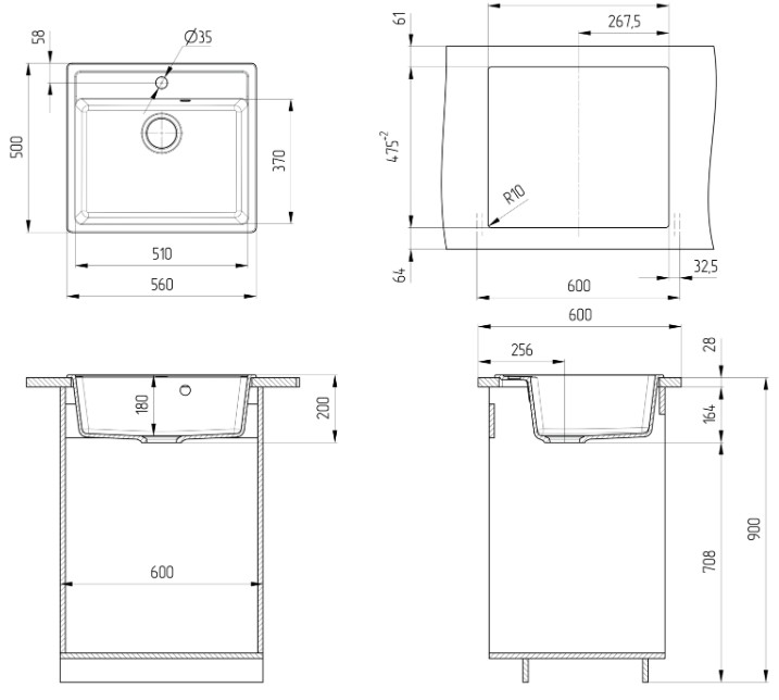 Мойка искусственный камень Ulgran, квадратная, 500х560х200мм, песочный