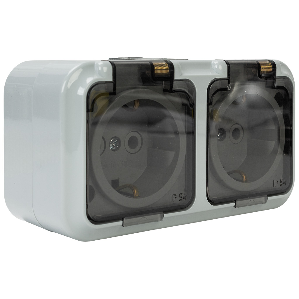 Розетка открытой проводки Bylectrica Пралеска Аква, 2-местная, 16А, с заземлением, с крышкой, IP54, серая