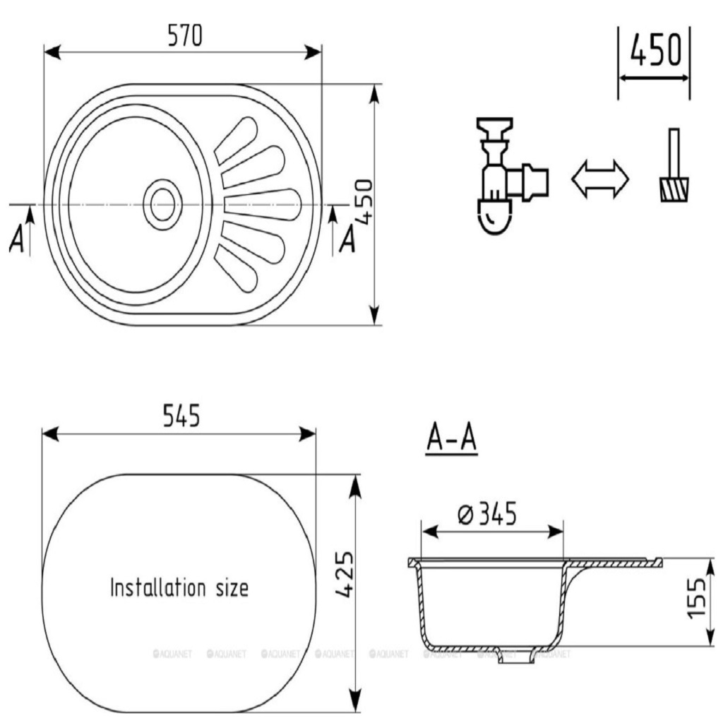 Мойка искусственный камень Ulgran, 450х500х155мм, круглая с крылом, белая