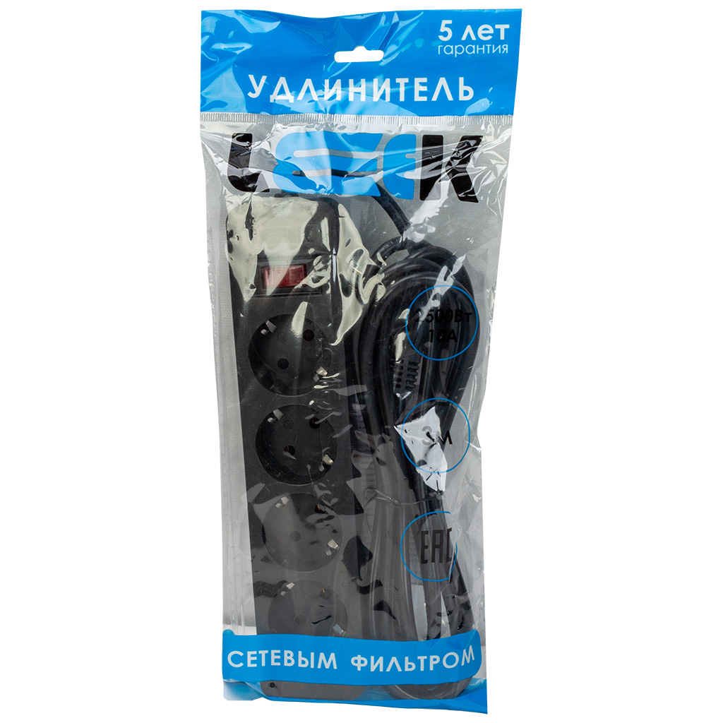 Удлинитель с сетевым фильтром Leek, 4-местный, 3м, ПВС 3х0,75, с заземлением,  черный