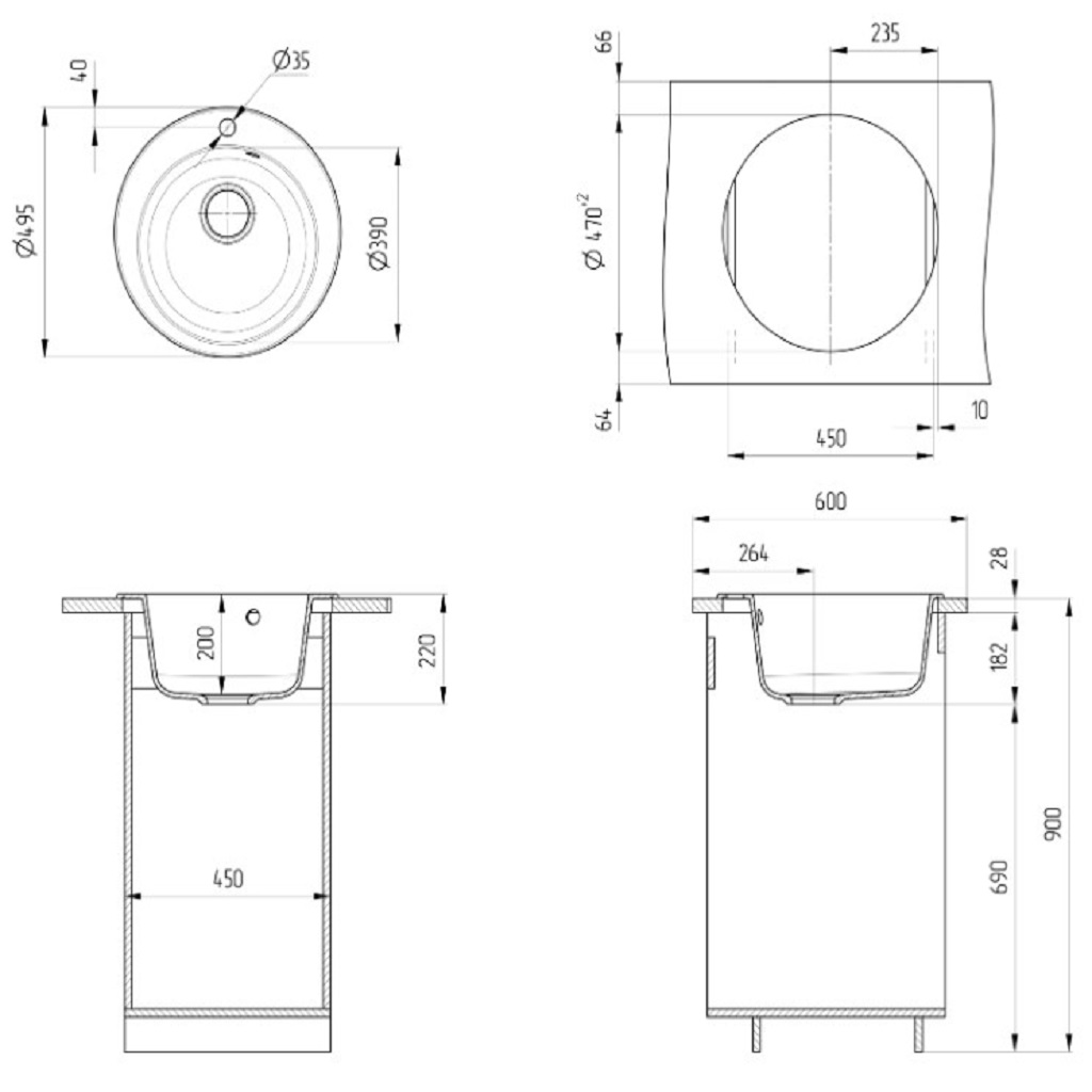 Мойка искусственный камень Ulgran, D495мм, круглая, белая