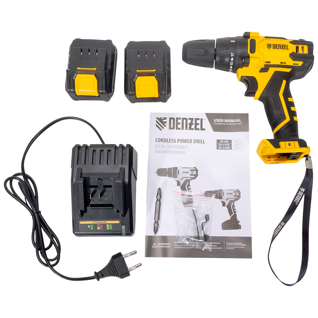 Дрель-шуруповерт Denzel CDL-12-02BM, аккумуляторная, 12В