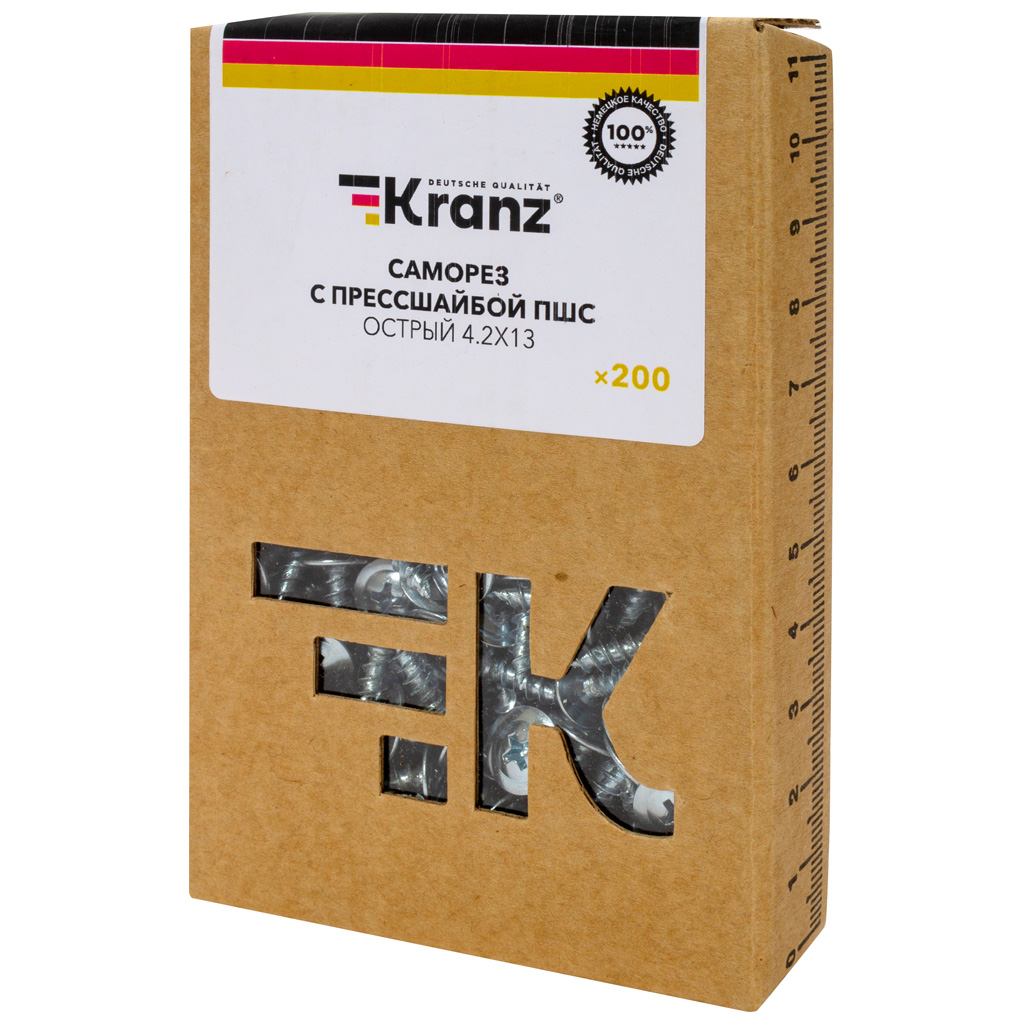 Саморез с прессшайбой Kranz, 4.2х13, оцинкованный, острый, коробка 200шт/уп фото №1
