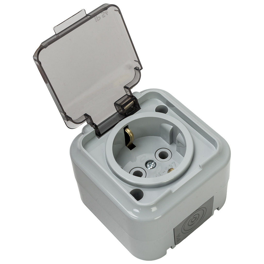 Розетка открытой проводки Bylectrica Пралеска Аква, 1-местная, 16А, с заземлением, с крышкой, IP54, серая