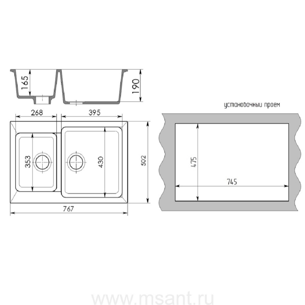 Мойка искусственный камень Стандарт Mixline, 767х502х190мм, с двумя чашами, светло-серый