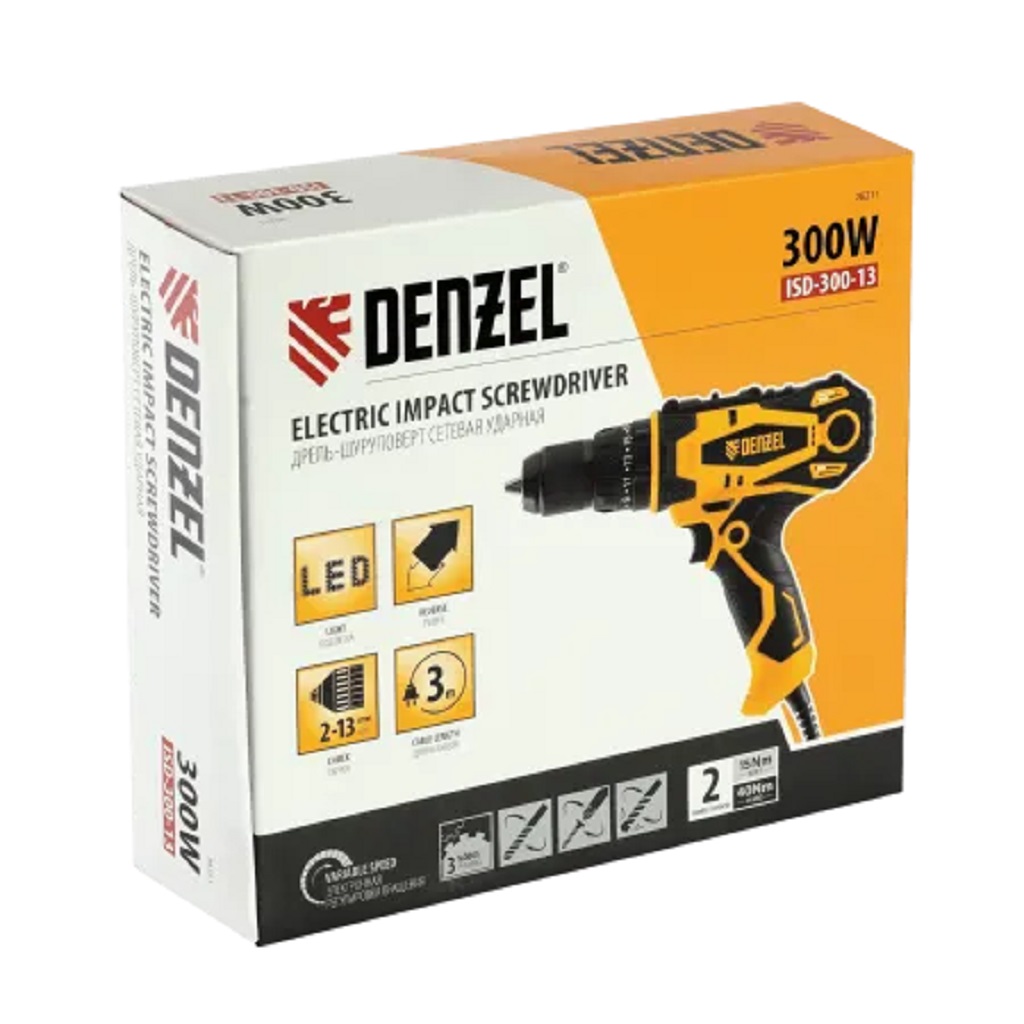 Дрель-шуруповерт сетевой Denzel ISD-300-13, 300Вт