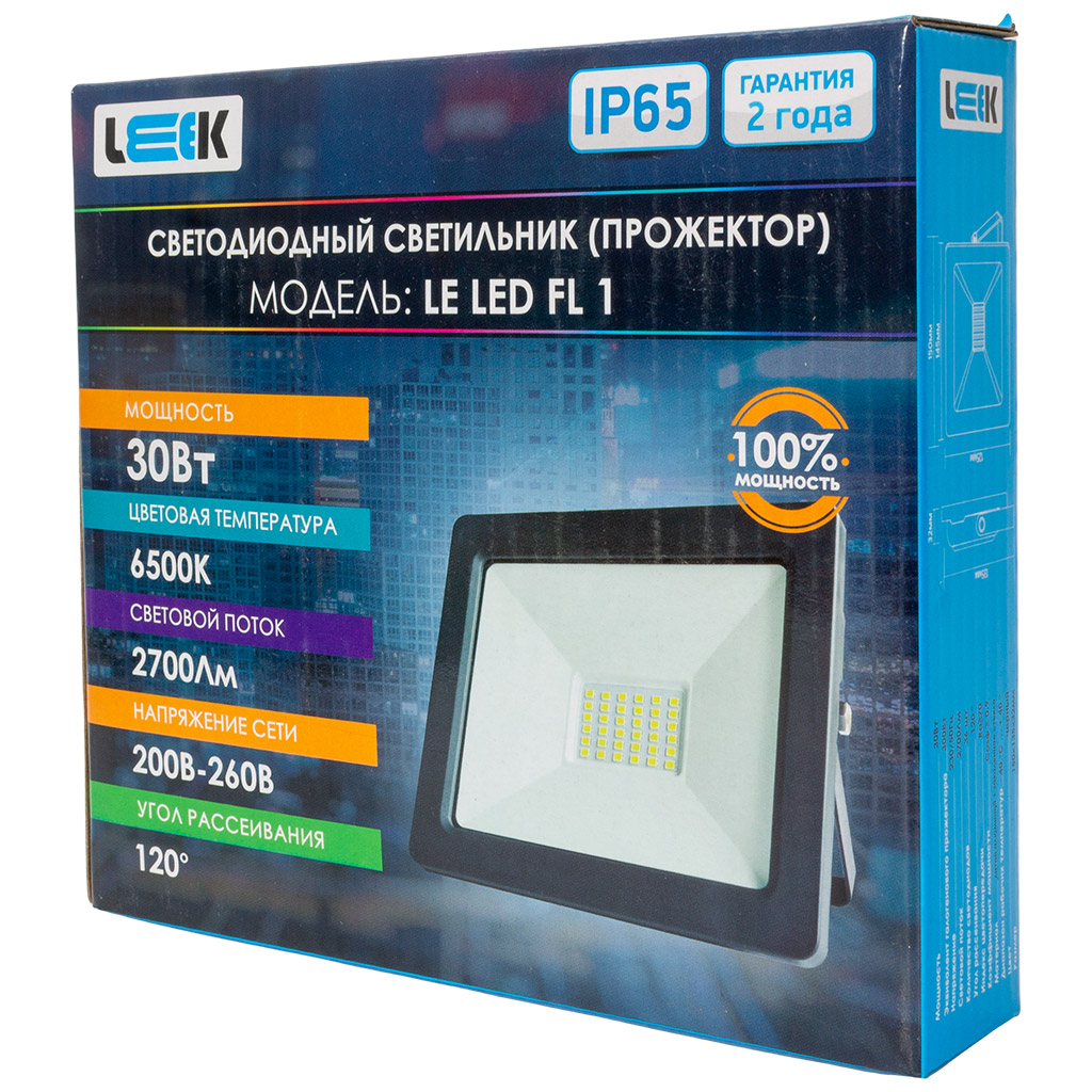 Прожектор светодиодный Leek, 30Вт, 6500К, IP65, черный